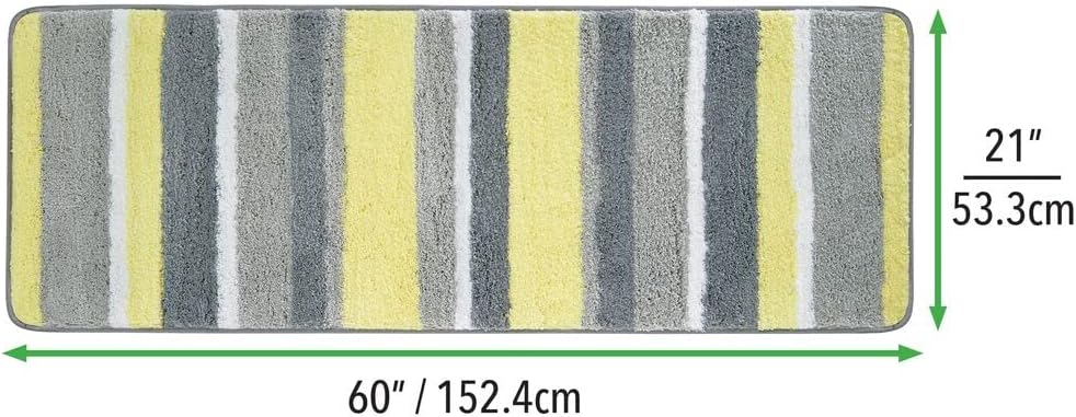 mDesign Soft Microfiber Polyester Non-Slip Extra-Long Spa Mat/Runner, Plush Water Absorbent Accent Rug for Bathroom Vanity, Bathtub/Shower, Machine Washable - Striped Design, 60" x 21" - Gray/Yellow