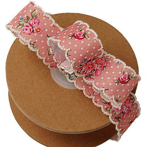 Vintage Floral Shabby Chic Ribbon - 1" x 10 Yards, Rose Pink Ribbon with White Swiss Dots and Scalloped Stitched Edges, Valentine