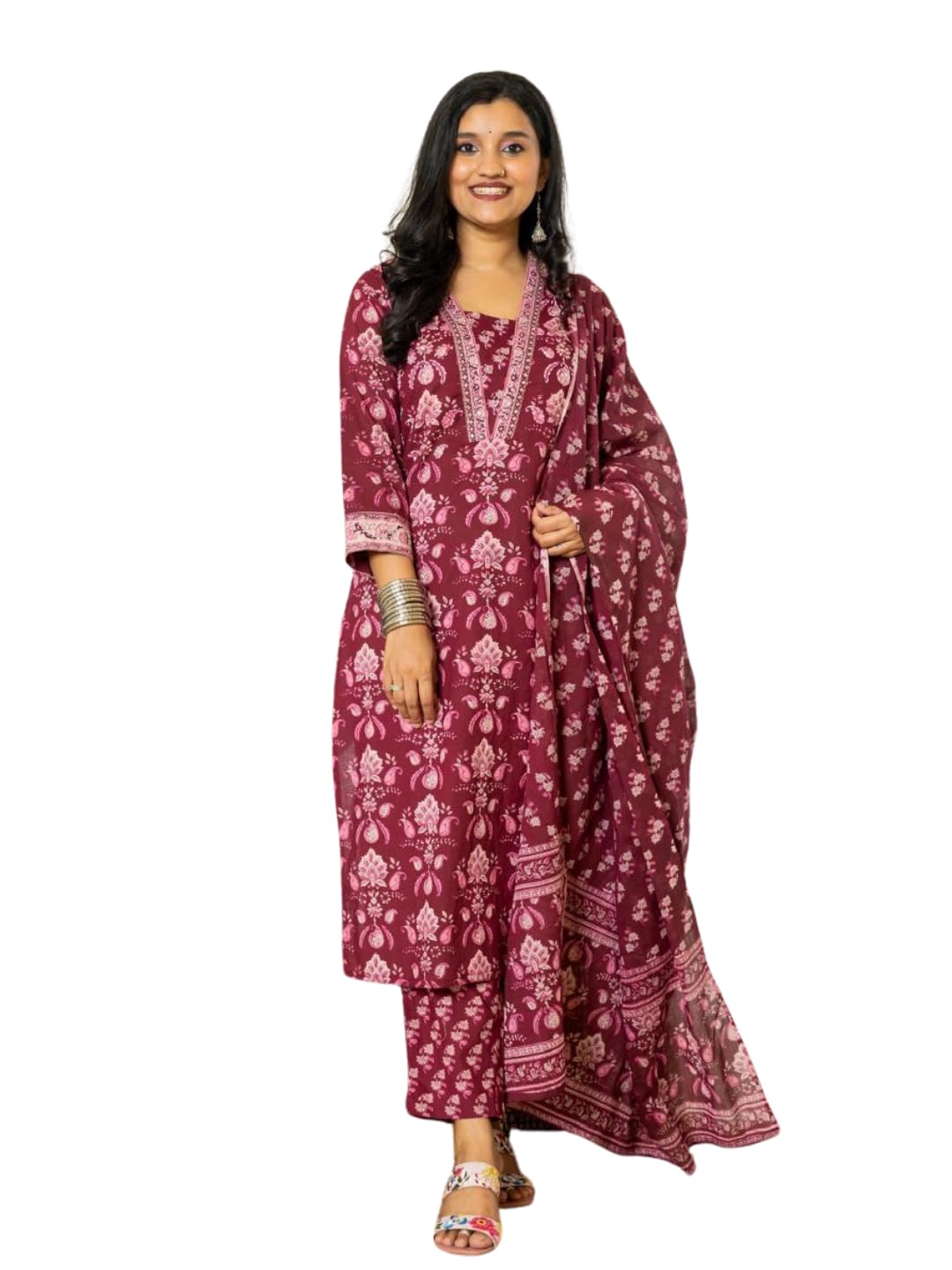 Nainvish Women's Viscose Rayon Printed Straight V-Neck Kurta Pant With Dupatta (Sd702_Kbd-M_Maroon)