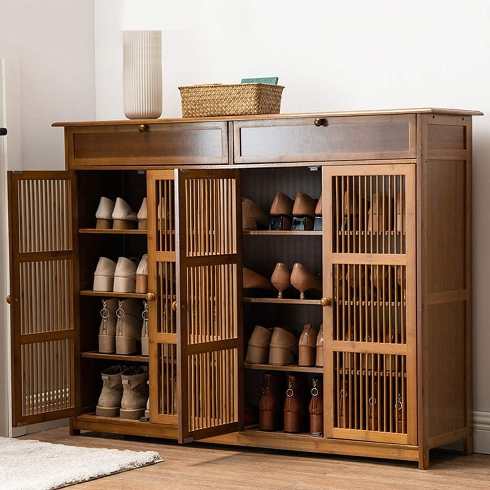 Zapatero Grande 35cm de Fondo para Zapatos Talla Grande, Mueble de Bambú con Cajón Oculto y Estantes Ajustables, Armario Recibidor para Botas, Puertas de Rejilla, 130x35x100cm