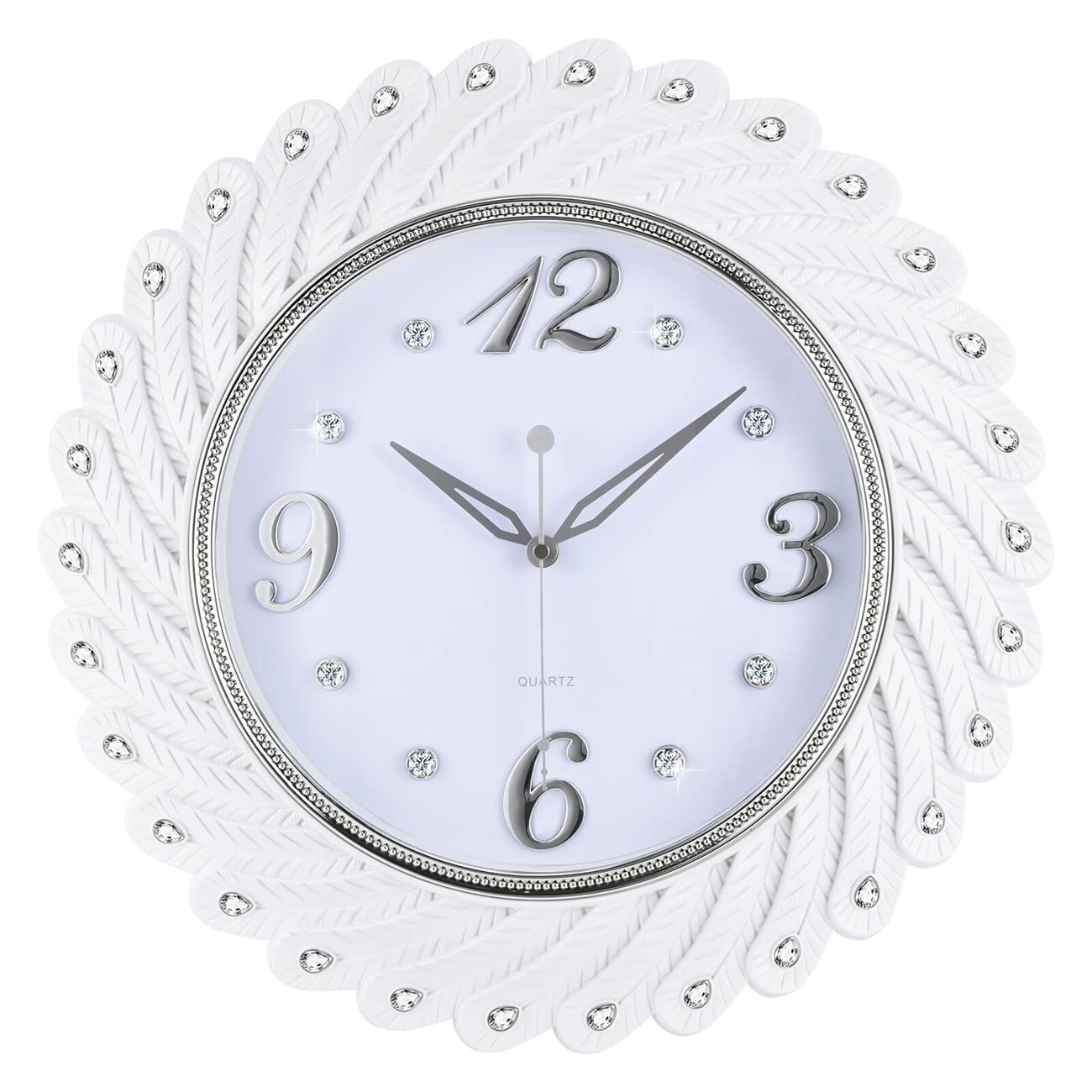 TopkeyRound Wall Clock 17" Large Silent Mute White Peacock Feather Diamond Like Room Decorative Wall Clock for Bedroom ,Office, Living room,School and Kindergarten - 43CM