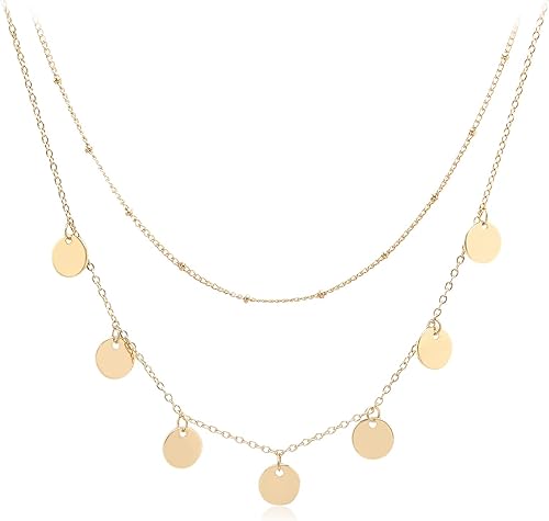 Aisansty - Gargantilla elegante de varias capas, hecha a mano, con forma de tubo, dije de moneda, colgante de perla y estrella, cadena ajustable de