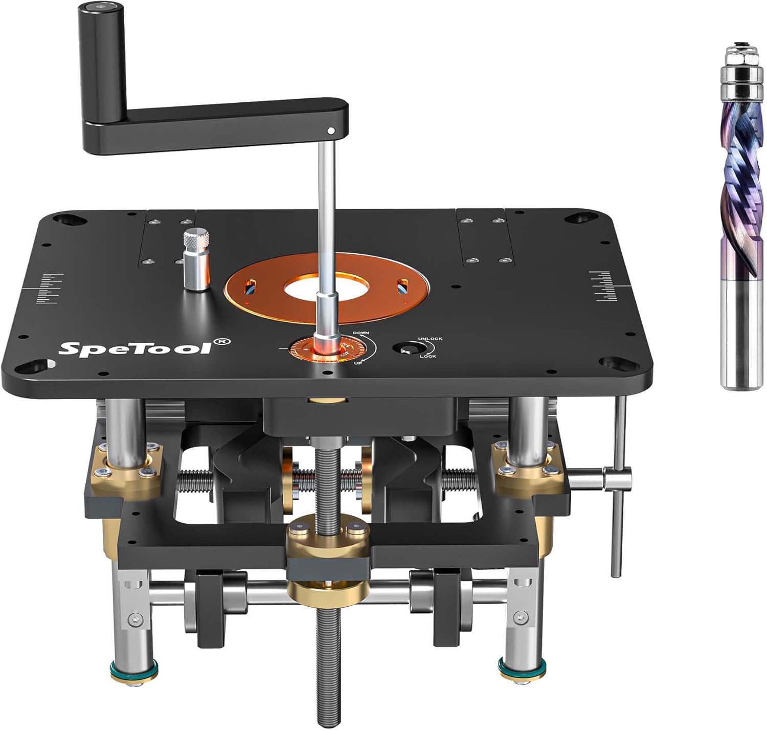 SpeTool Router Lift for 2.56”-4.21” Diameter Routers & Carbide Compression Spiral Flush Trim Router Bit 1/2 Inch Shank