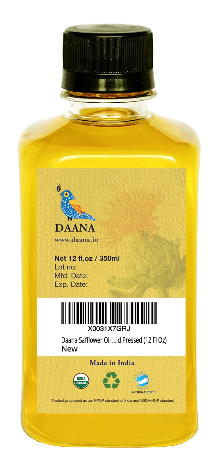 DAANA - Olej z krokosza barwierskiego do skóry: certyfikat organiczny USDA, ekstra virgin, tłoczony na zimno (12 uncji płynów)
