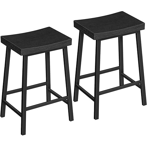 Bar Stools, Counter Height Bar Stools Set of 2, 23.7 Inch Saddle Stools with Footrest, Kitchen Stools, Industrial Style, for Dining Room, Counter, Bar, Black BABK0801