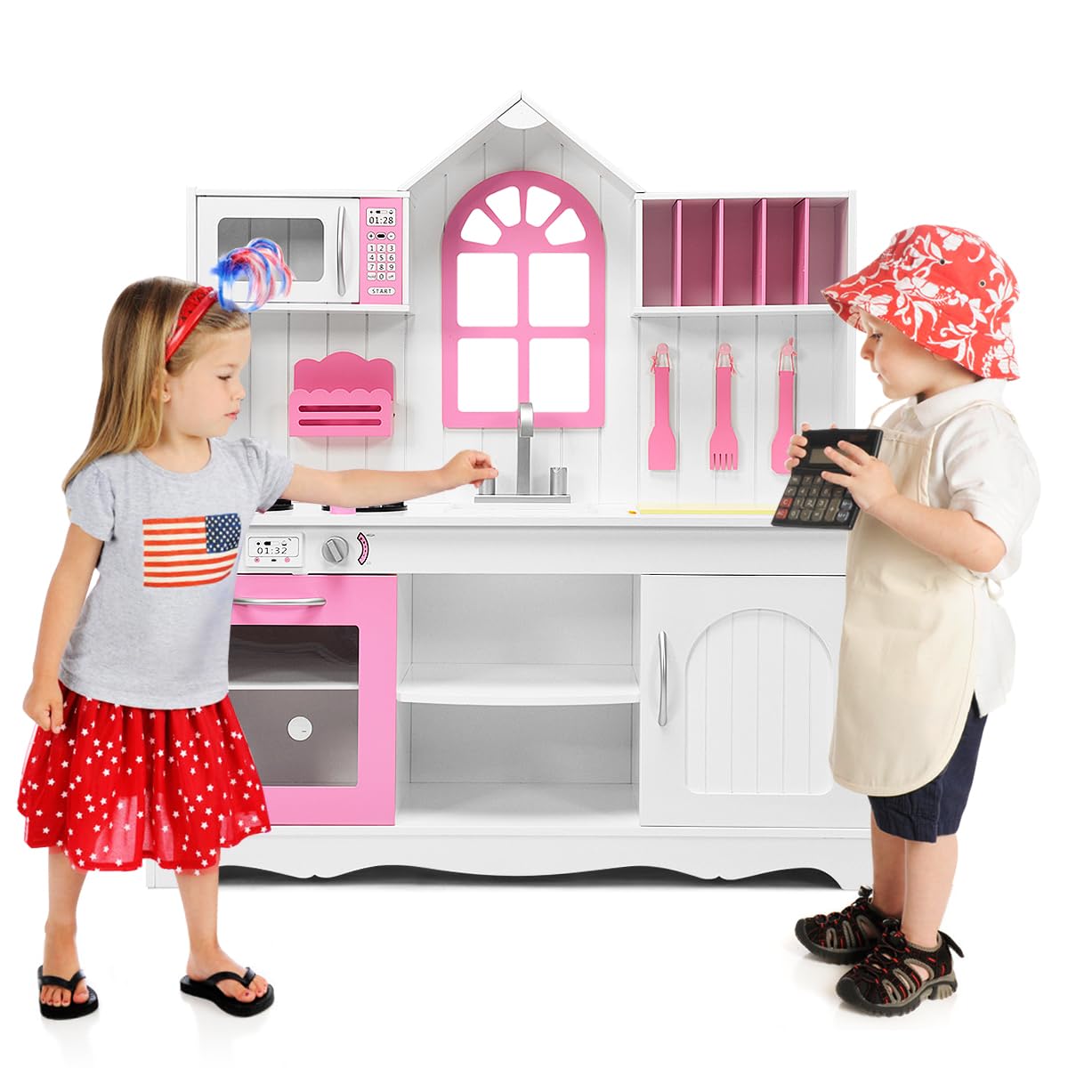 HOMASIS Cucina Giocattolo in Legno, Cucina per Bambini con Lavello e Rubinetto, Suoni di Clic, Forno e Microonde, Set di Cucina con Accessori Vari per Bambini dai 3 agli 8 Anni, 81x27,5x84cm