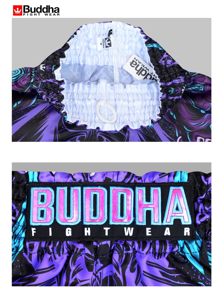 Buddha Fight Wear - Pantalon Muay Thai et Kick Boxing Modèle Européen Geisha - Tissu Satin Premium - Nouveau Motif Européen - Grande Adaptation à la morphologie de Chaque Combattant - Divers modèles