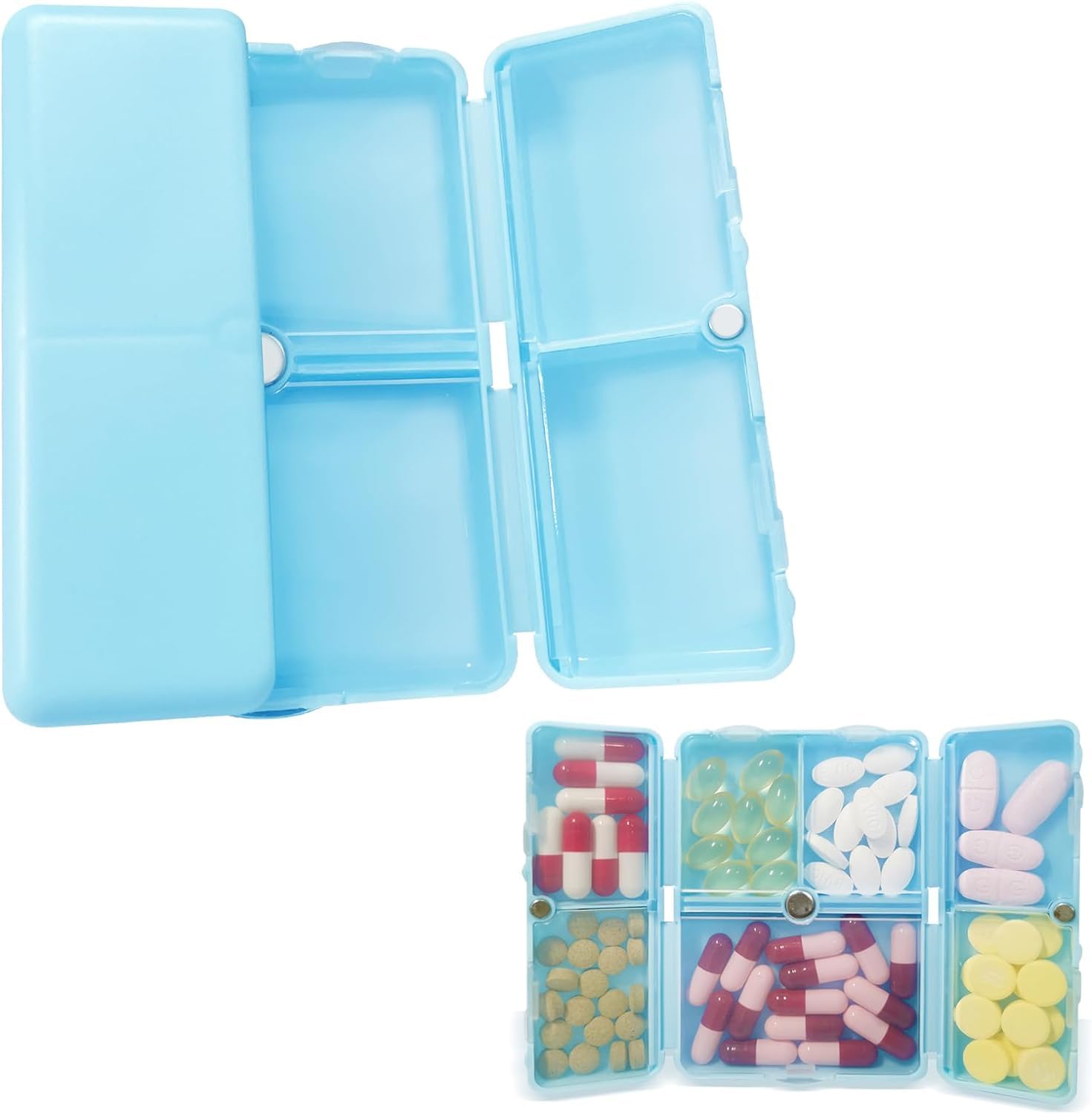 HANNEA® Daily Pill Organizer,7 Compartments Portable Pill Case,Travel Organizer Folding Design Travel Box to Hold Vitamins Medicine Fish Oils Blue