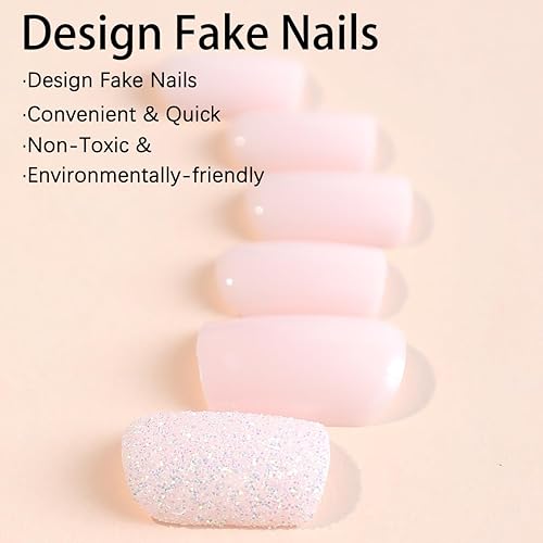 Miniatura 2 de fuldgaenr Uñas postizas cortas a presión, uñas cuadradas con purpurina con diseño de cobertura completa, uñas acrílicas de color rosa claro, uñas