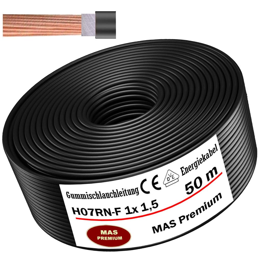 MAS Premium Przewód gumowy 5-500 m, kabel zasilający do budowy H07RN-F, 1 x 1,5, 4, 6, 10, 16, 25, 35, 50 i 2 x 1, elastyczny przewód do ciężkich urządzeń (H07RN-F 1 x 1,5 mm², 50 m)