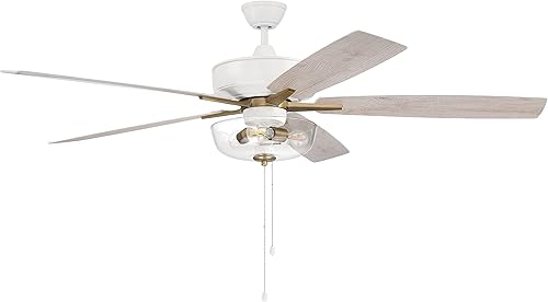 Miniatura 5 de Craftmade Ventilador de techo Super Pro de 60 pulgadas en acabado de latón blanco/satinado, aspas reversibles de roble blanco/lavado, kit de luz