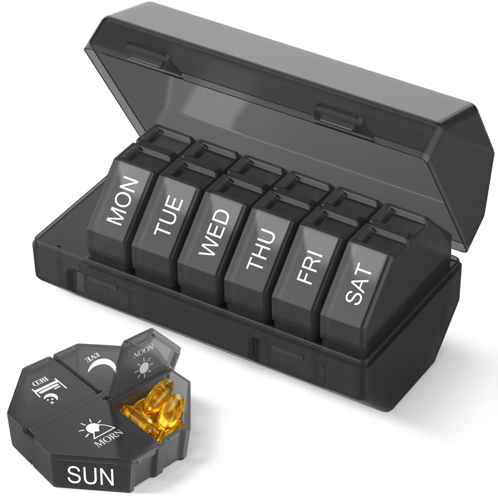 Weekly Pill Organizer 4 Times a Day, Large Pill Box 7 Day Daily Pill Case with 28 Extra Large Compartments Portable Travel Pill Container Big Medicine Organizer for Supplement Vitamin (Black)
