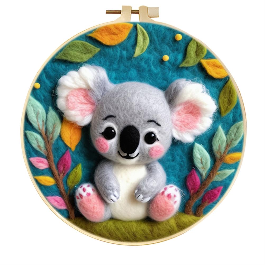 Meecaa Koala Animal DIY Needle Felting Kit for Beginners, Including Wool Felt Supplies, Embroidery Hoops,Beautiful Wool Painting and Needle Felting Tools (Koala 1)