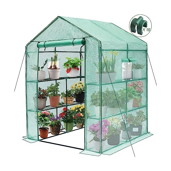 Greengro Greenhouse, 56 x 56 x 75'' Greenhouses for Outdoors, Durable Green House Kit with Window, Thicken PE Cover, 3 Tiers 8 Shelves, Heavy Duty Walk in Green Houses for Indoor Backyard Outside