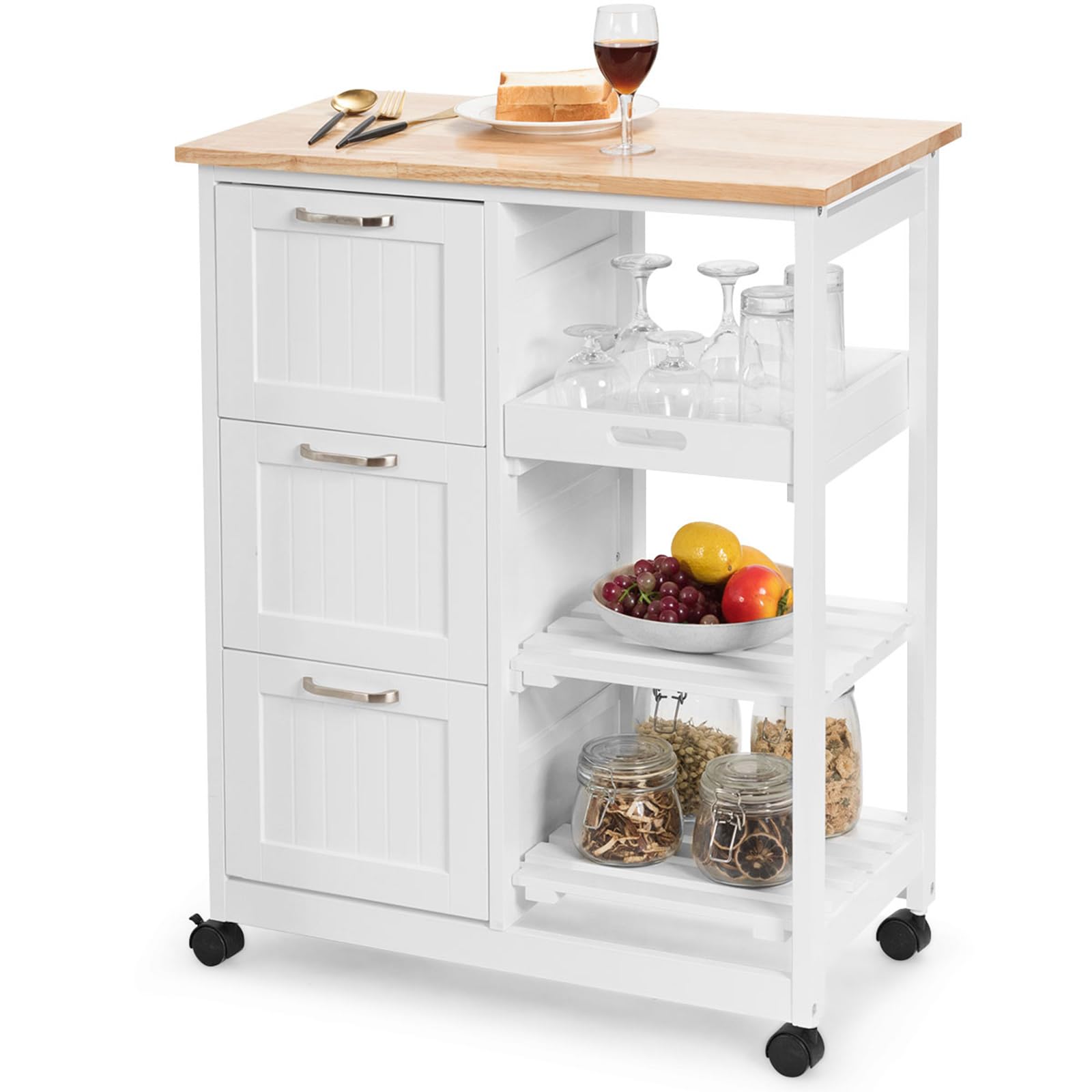 COSTWAY Carrello da Cucina con Ruote, Credenza Cucina con 4 Ripiani e 3 Cassetti, in Legno, Ideale per Cucina Ristorante e Bar, 67 x 37 x 83,5 cm (Bianco)