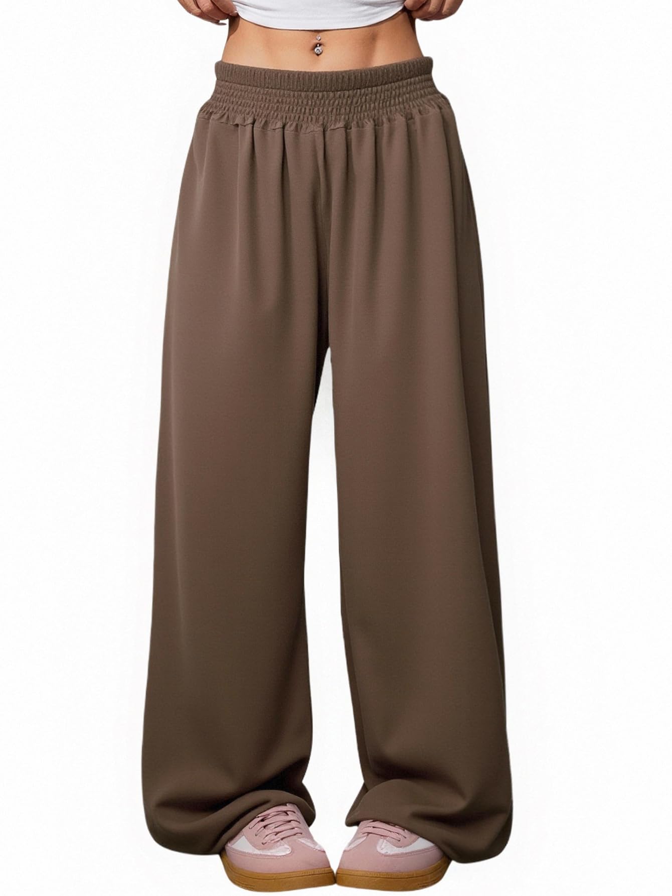 Womens Wide Leg Palazzo Pants Dressy Casual Shirred High Waisted Flowy Trousers with Pockets