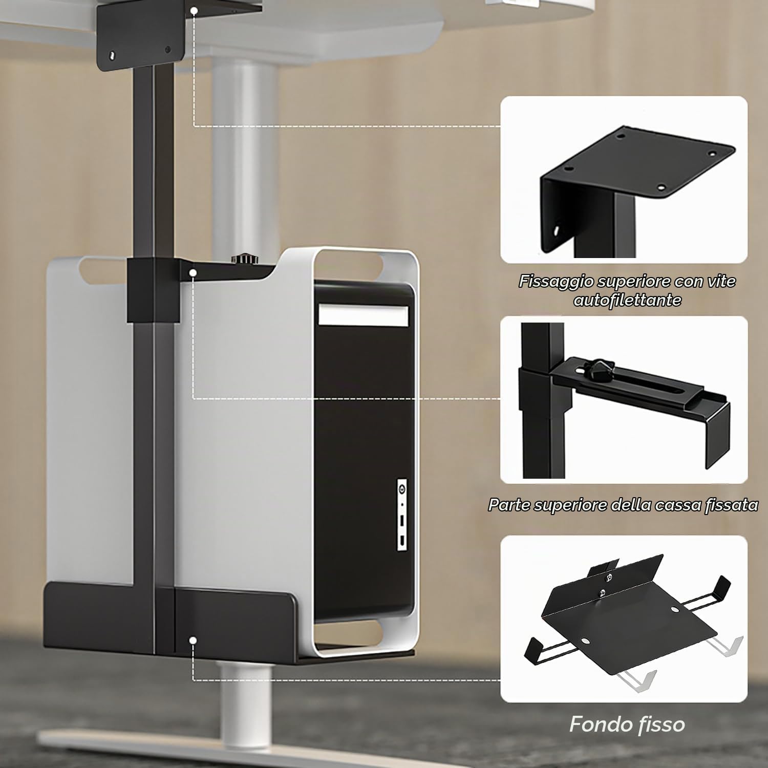 Supporto PC Fisso，Supporto PC da Scrivania e a Parete per Case Computer,Support Regolabile Heavy Duty Fino a 30 kg, Altezza Regolabile 110-470 mm, Salvaspazio per Ufficio & Gaming