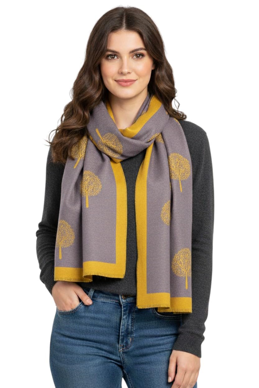 Hilto Women's Grey Mustard Winter Scarf Tree Of Life,Cashmire Soft Touch Reversible Pashmina Shawl, Scarves Wraps, Blanket, Mulberry Tree Large Girls (Grey Mustard)