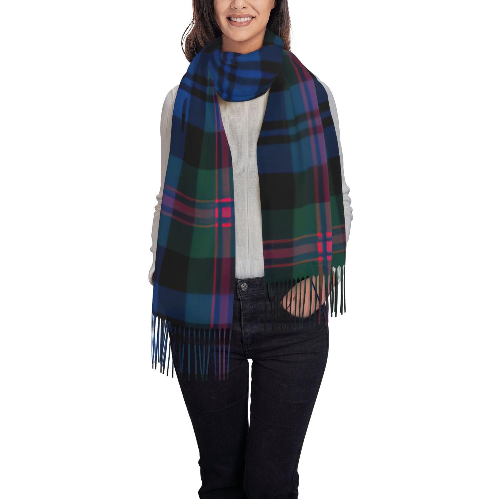 FLGHJNBJN Blue And Green Scottish Tartan Print Winter Scarf For Women Shawl Cashmere Feel Tassel Plaid Large Oversized Scarves Wraps