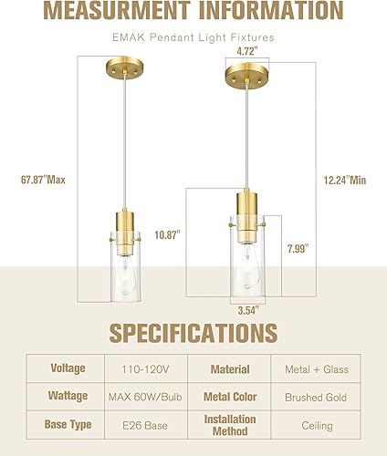Miniatura 4 de Emak Lámpara colgante de oro cepillado, 1 luz mini colgante con pantalla de vidrio transparente, luces colgantes modernas para dormitorio, isla de