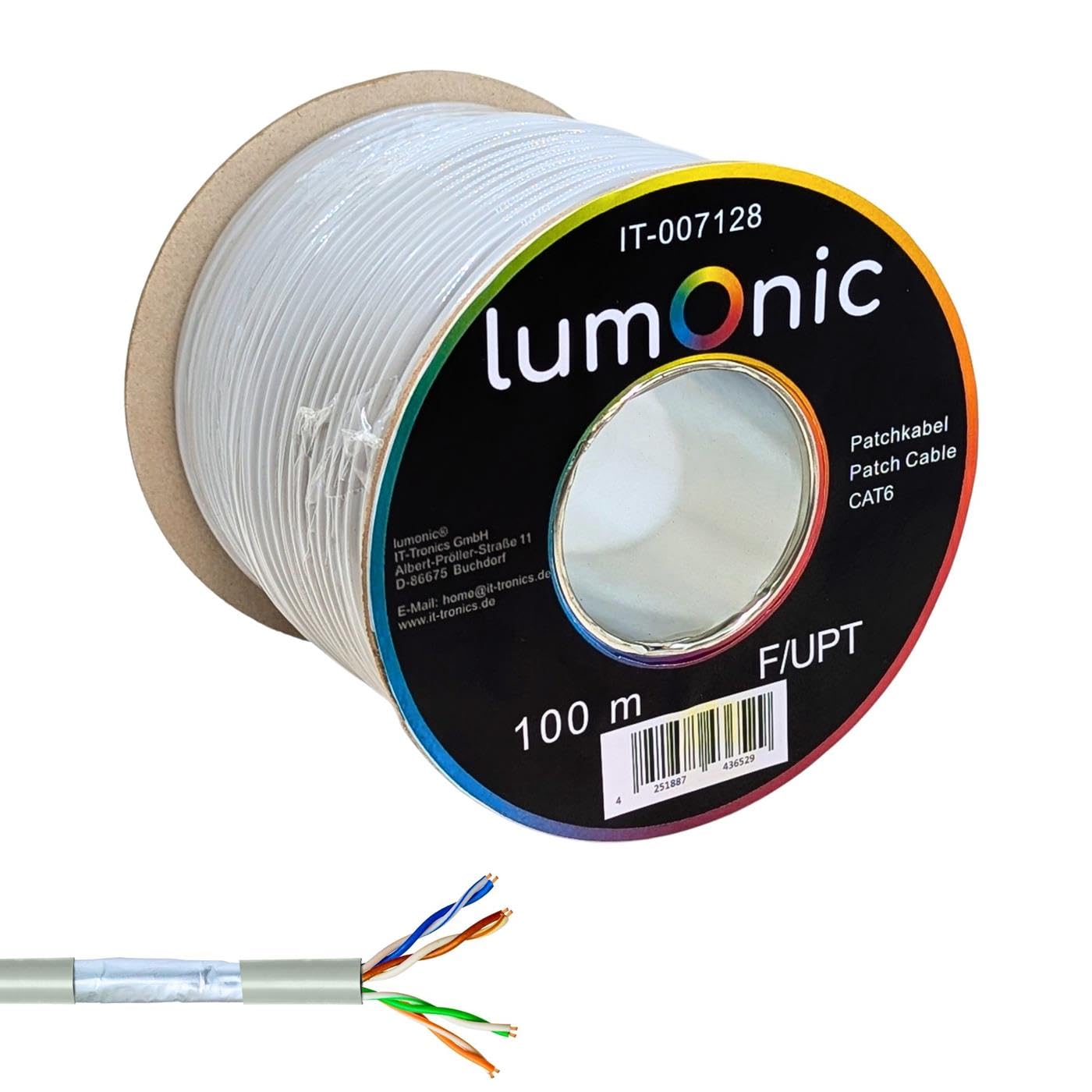 Lumonic 100m Câble de réseau CAT 6 F/UTP I Cat6-câble, Gigabit Lan Câble, Ethernet Câble I Câble patch flexible blindé, pour l'intérieur jusqu'à 250 MHz