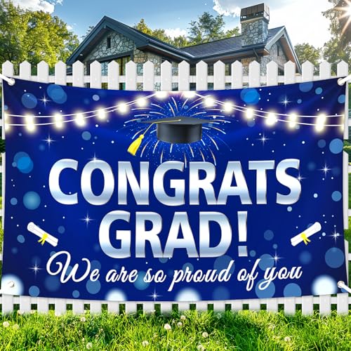 Large Graduation Banner Decorations Blue Silver Congrats Grad We are So Proud of You Backdrop Class of 2026 Photo Background for College High School Grads Graduation Party Supplies Decor Indoor Outdoor