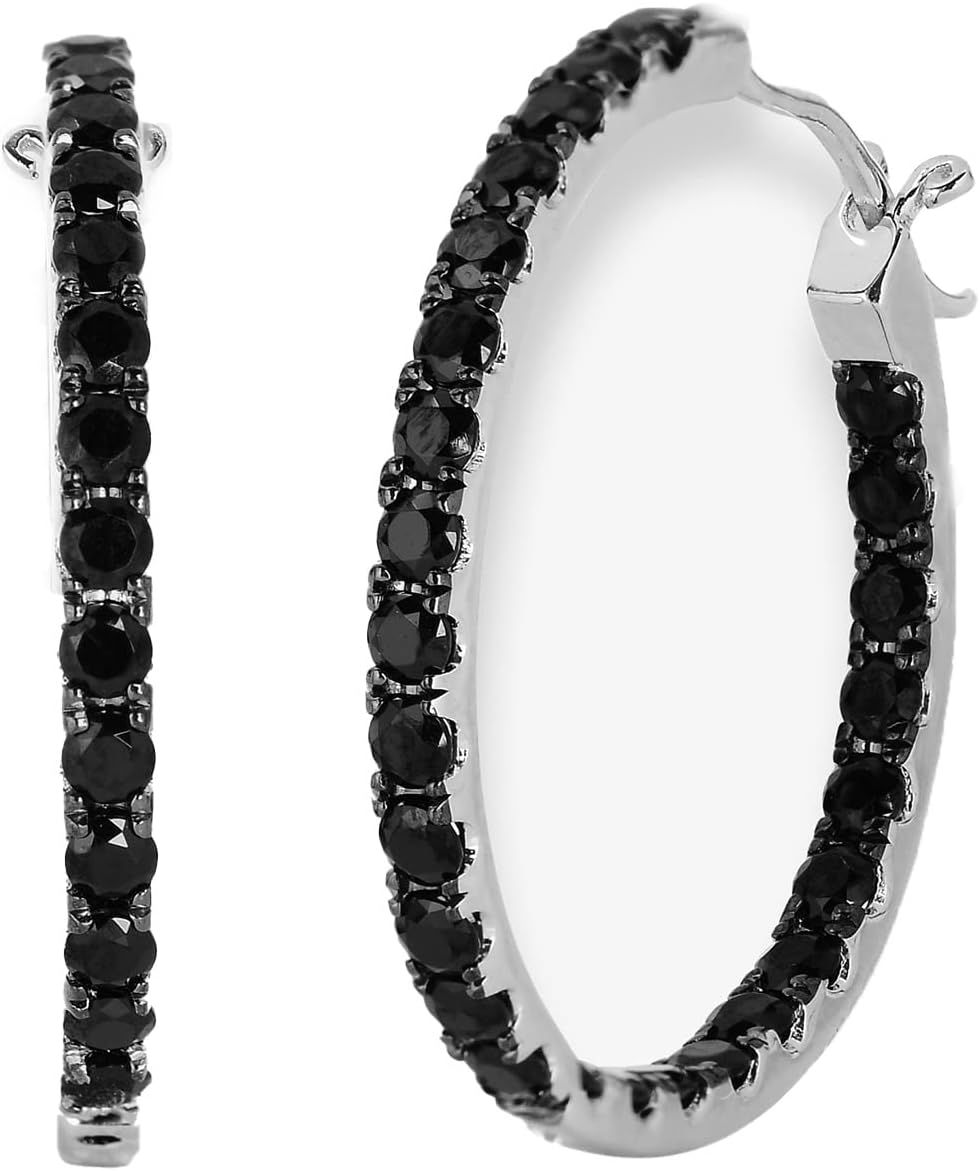 Black Spinel Hoop 925 Sterling Silver. 2cm Diameter with 1-2Ct Black Spinel Single Row Inside Out Statement Hoop Earrings