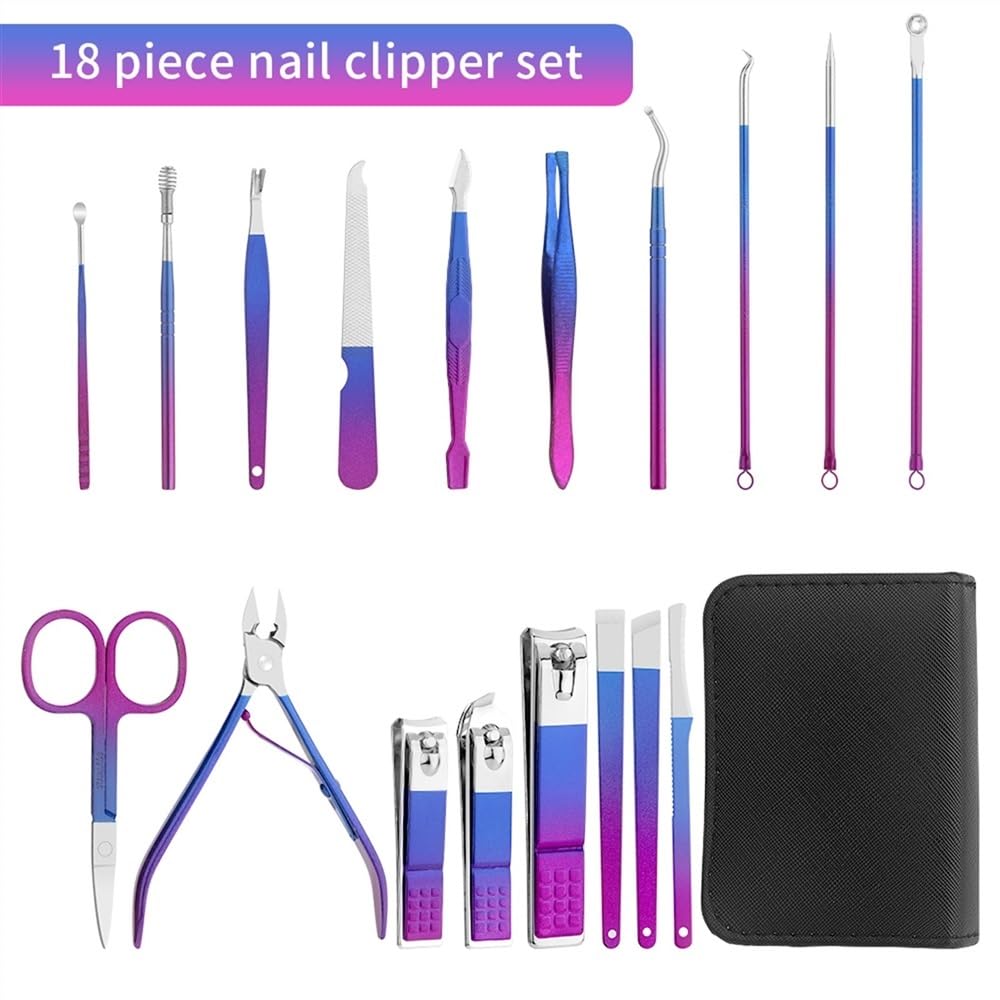 Manicure, zestaw do pedicure, zestaw do manicure, pedicure, nożyczki do paznokci, zestaw do pielęgnacji z etui podróżnym, stal nierdzewna, gradient kolorów, profesjonalny (18 szt. w 1)