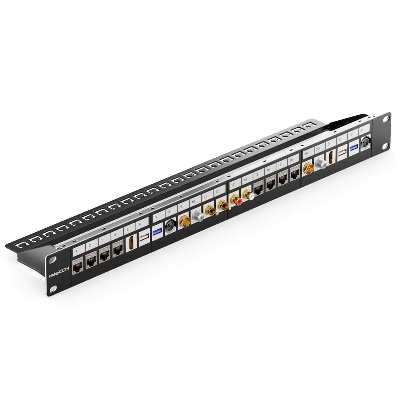 deleyCON 24 Port Patchpanel Patchfeld Modular für Keystone Module 1 HE 19" Zoll Rackeinbau Kompatibel CAT5 CAT6 CAT7 CAT8 LAN Netzwerk Verlegekabel Schwarz