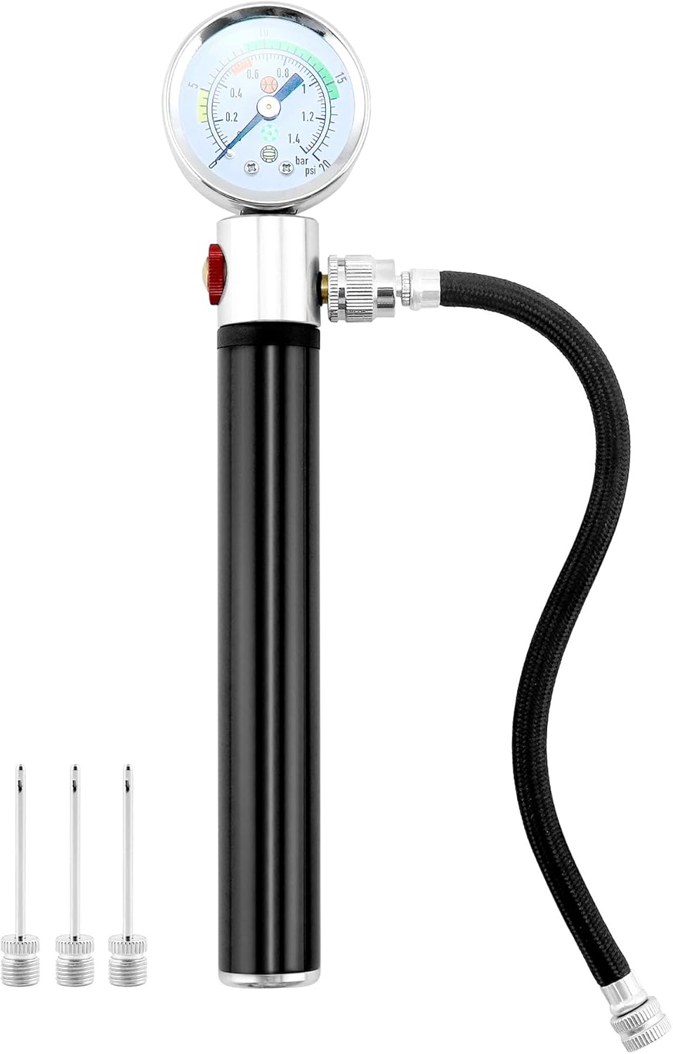 QWORK Sports Ball Air Pump with Pressure Gauge, Basketball Pump Volleyball Pump Soccer Ball Powerful Air Pump, Bicycle Tire Pump, Sports Hand Pump, Balloon Pump,Flexible Hose (Black)