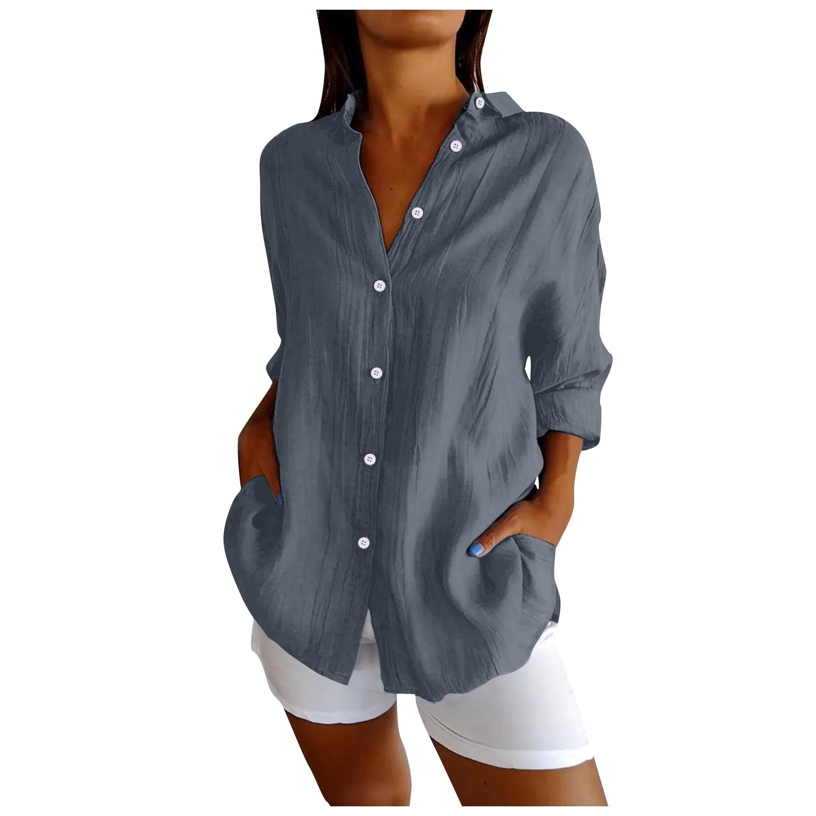 Camisas de lino de manga larga con botones para mujer, con solapa, para verano, clásica, cuello de lino, algodón, ajuste holgado, trajes de gasa para mujer, ropa de playa, novio
