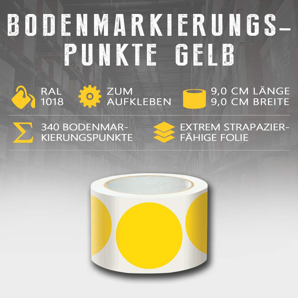Bodenmarkierungspunkte, strapazierfähig, gelb, Ø 9 cm, 340/Rolle aus Folie, Art.-Nr. 30967 | Bodenmarkierungspunkte | Aufkleber Punkte