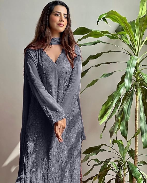 Image of Women's Chikankari Embroidered 3 Piece Suit Set in Faux Georgette - Long Gown Style Kurta with Lining with Dupatta