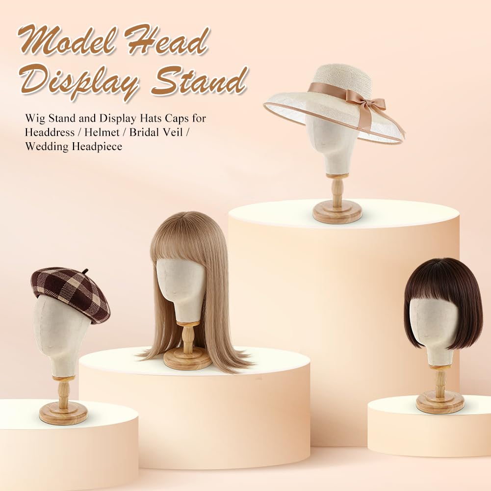 Tête de mannequin de 54 cm, support de perruque, tête de mannequin avec base en bois, support multifonctionnel, support de tête de mannequin en toile solide pour perruques, chapeaux, maison, salon