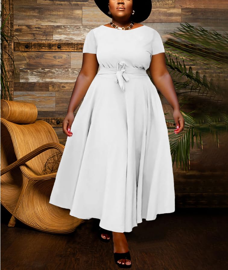 Image of Hostoyo Women Plus Size Formal A Line Maxi Dress Self Tie Waist with Pockets Elegant Round Neck Swing Long Dresses