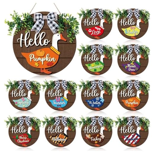 Weysat 13 Pcs Interchangeable Wooden Goose Decor, 11.8 Inch Holiday Seasonal Welcome Changeable Hello Geese Signs Rustic Farmhouse Front Door Round Wreaths Hanging Decorations for Porch Home Outdoor