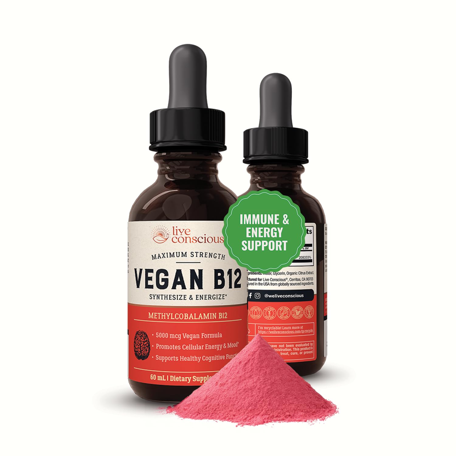 Live ConsciousVegan Vitamin B12 Sublingual Liquid Drops | Methylcobalamin Max Strength B12 5000mcg Formula | Vegan B 12 Vitamin Support Energy | Promote Memory & Aid Immune System | 60 Serving