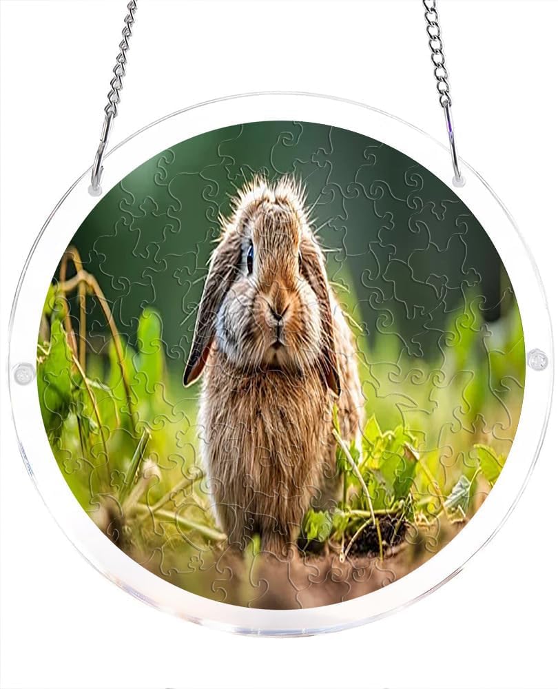Brown Rabbit in Green Field Animal Acrylic Jigsaw Puzzles Suncatcher, 7.4 Inch Window Hanging Suncatcher Acrylic Puzzle, DIY Home Decor Art Gift
