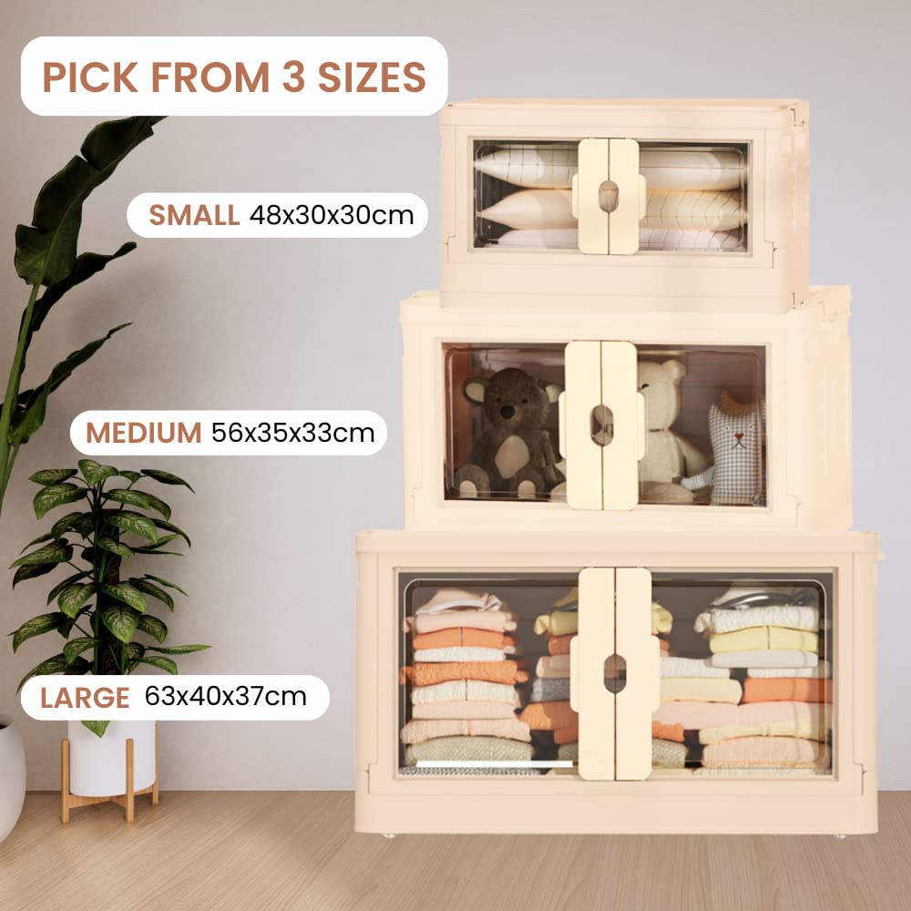 Pack 3 Caja de Almacenamiento Plegable, Contenedor de plástico con Ruedas, Cubo Apilable con Puertas, Organizador para Hogar con Puertas y Tapadera para Habitación, Baño, Cocina, Oficina, Salón
