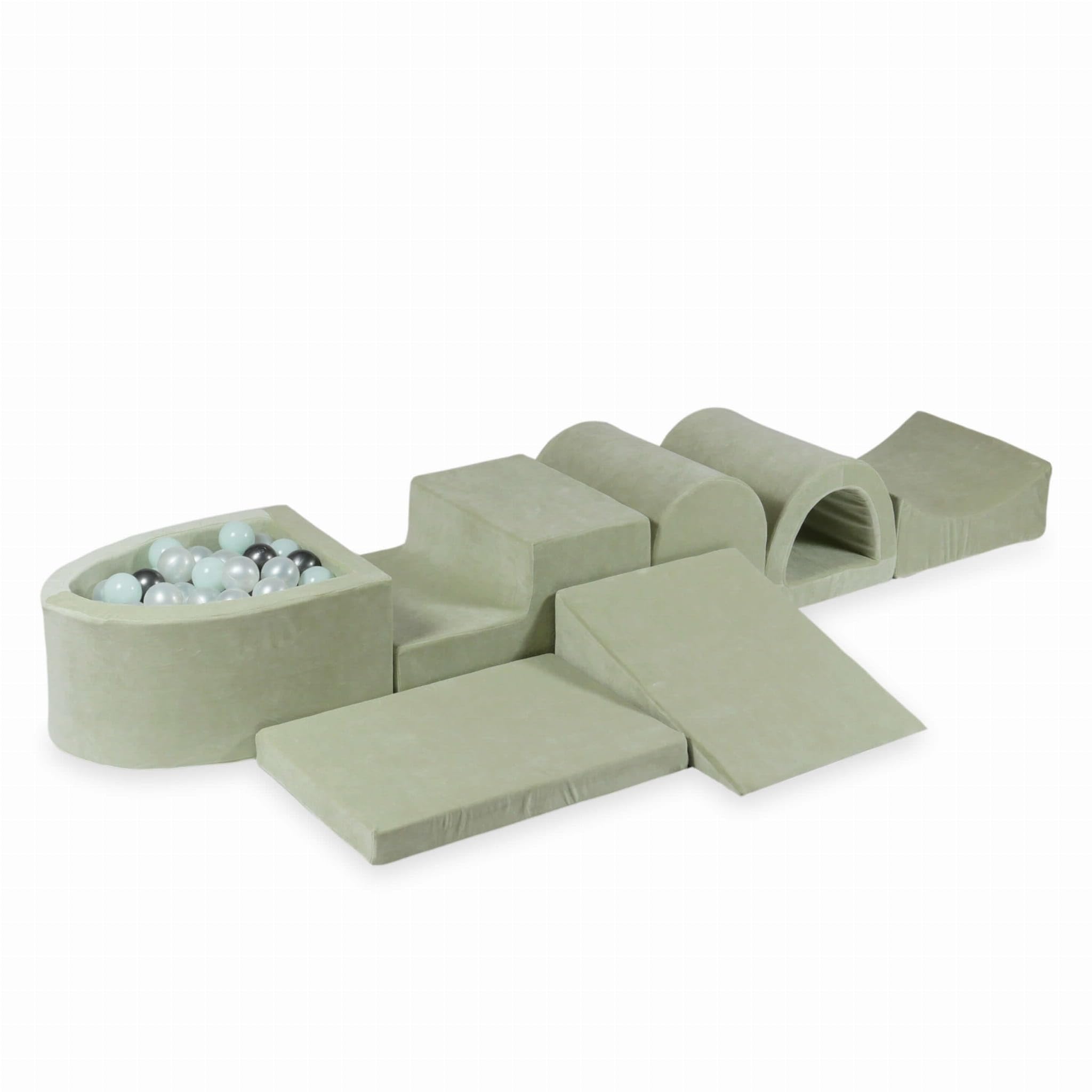 Mimii Parque infantil XXL de espuma con piscina de bolas Velvet Soft Light Mint (100 bolas: perla/menta/grafito metálico) – bloques de construcción grandes para retozar y escalar – bloques de