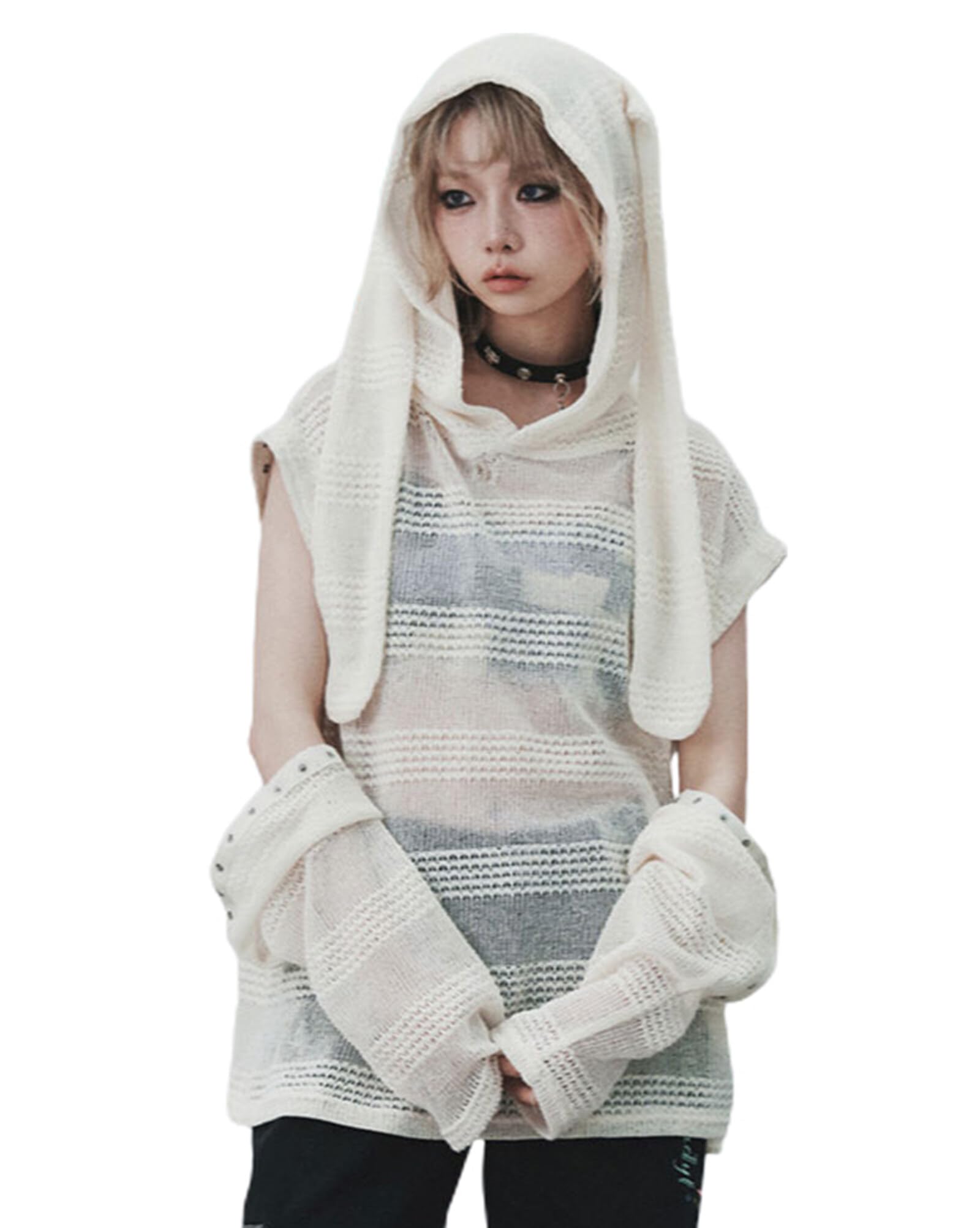 YEMOCILEY2k Bunny Ear Sweater Hollow Out Loose Fit Hoodie Kawaii Crochet Cutout Fishnet Pullover Knitwear