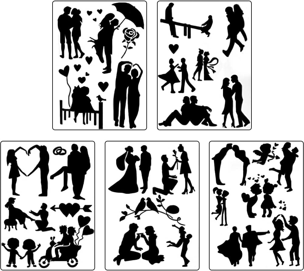 5Pcs Reusable Hollow Painting Silhouette Stencils Drawing Template Stencils Fast Draw Stencil Art Templates DIY Drawing Template Graffiti Stencils for Adults and Children (Couples)