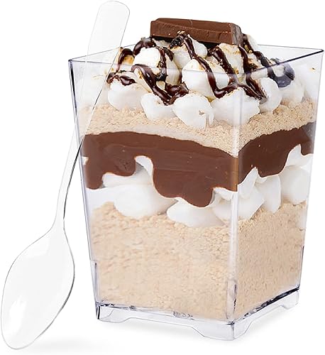 Taza cuadrada de postre de 4 onzas tazas de plástico transparente de parfait mini tazas cuadradas de postre con cucharas para postres frutas
