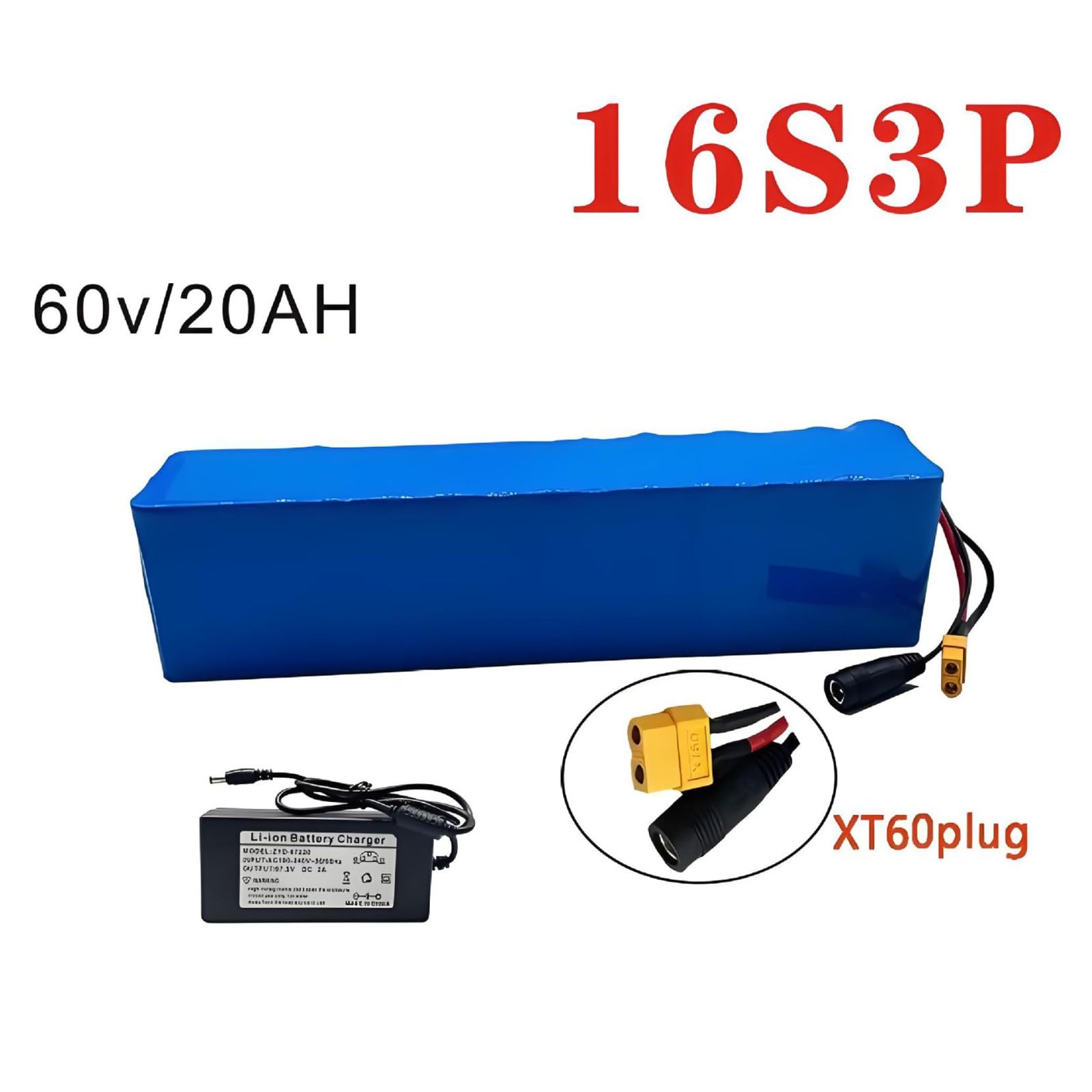 Batería Para Bicicleta Eléctrica De 60V Y 20Ah, Paquete De Baterías De Litio De Repuesto De 60 V Con BMS + Cargador, Batería Para Bicicleta Eléctrica Y Patinete Eléctrico. 60V 20Ah,XT90+DC
