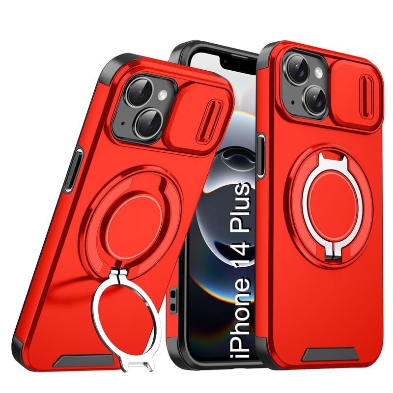 Image of LuxuryKase Shockproof Rugged Case for iPhone 14 Plus | Slide Camera Cover | 360 Rotating Ring Kickstand | Military-Grade Protection - Cherry Red