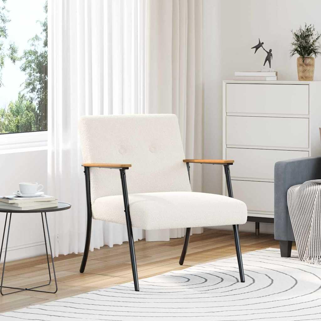 Fotel kremowy z kręconego materiału przypominającego wełnę ze stalowymi nogami, ergonomiczny fotel do salonu, sypialni, biura, relaksująca pozycja siedząca i wygodne podłokietniki