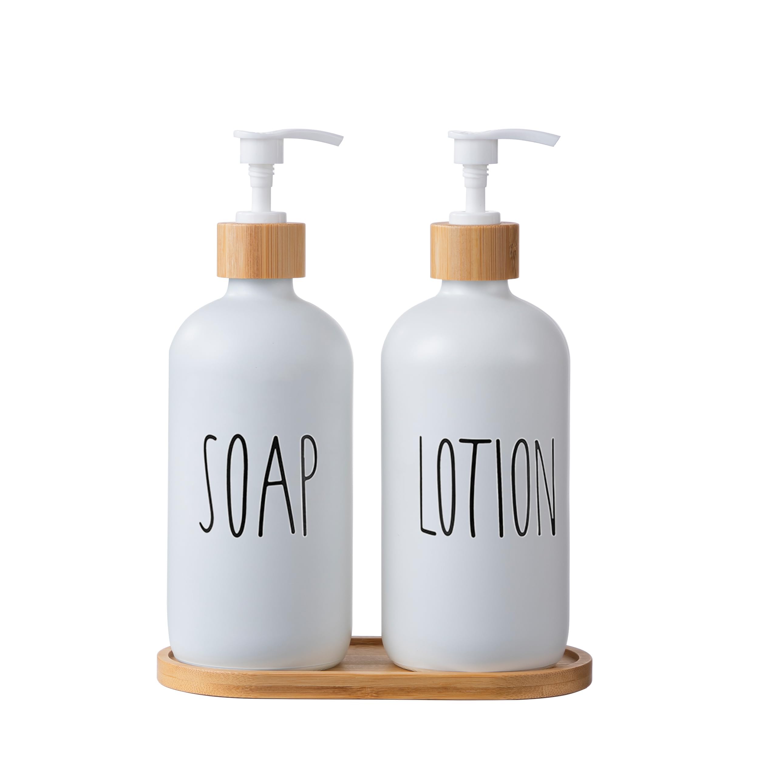 Hniuyun Sl White Bathroom Soap Dispenser Set, Glass Soap Dispenser With Bamboo Pump & Tray, 16 Oz Refillable Liquid Dispenser Set For Bathroom, Countertop, Kitchen, Laundry Room (Sl White)