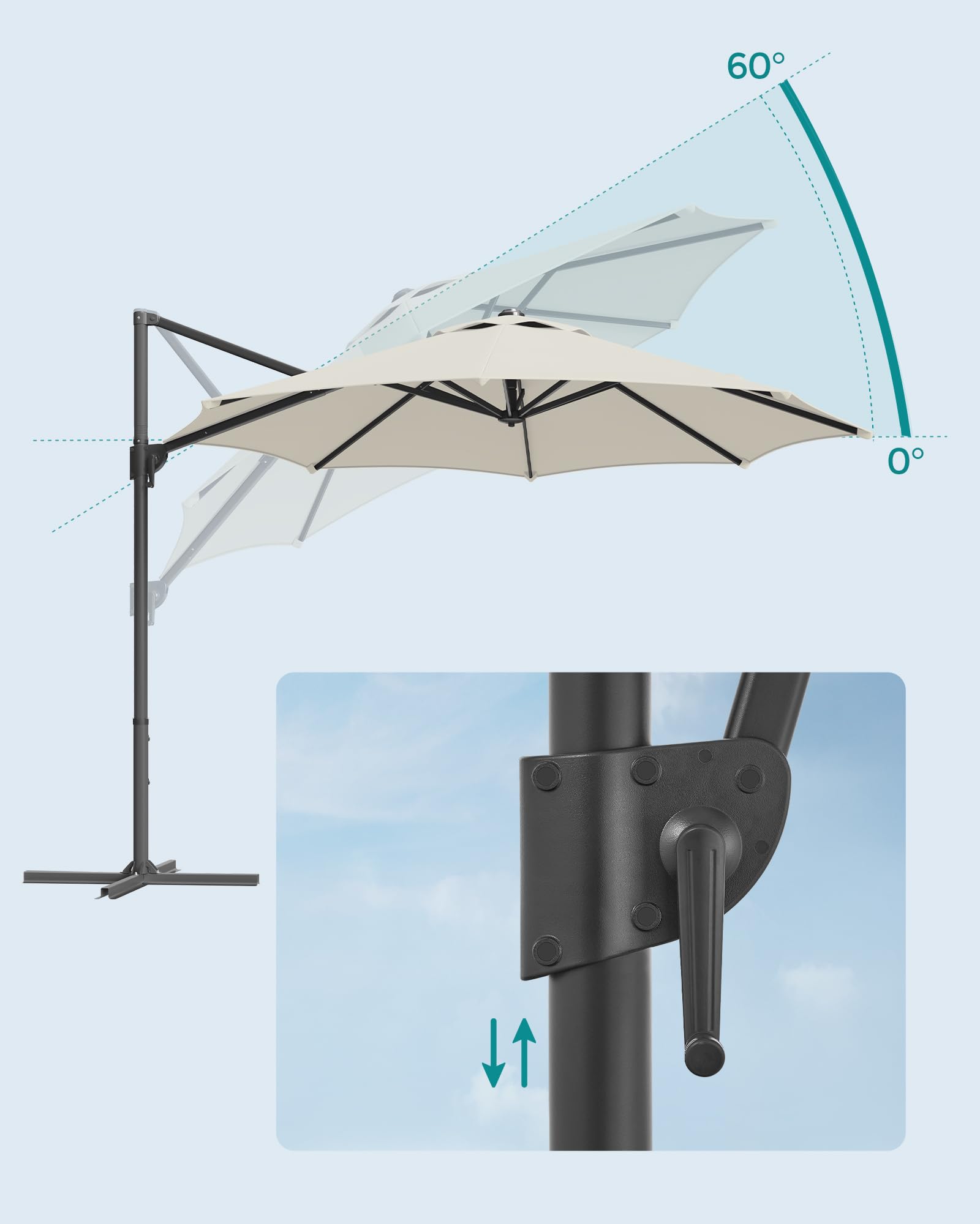 SONGMICS Parasol przeciwsłoneczny, 300 cm, UPF 50+, parasol ogrodowy, obracany o 360°, bezstopniowo regulowany kąt nachylenia, z korbą, stopka krzyżowa