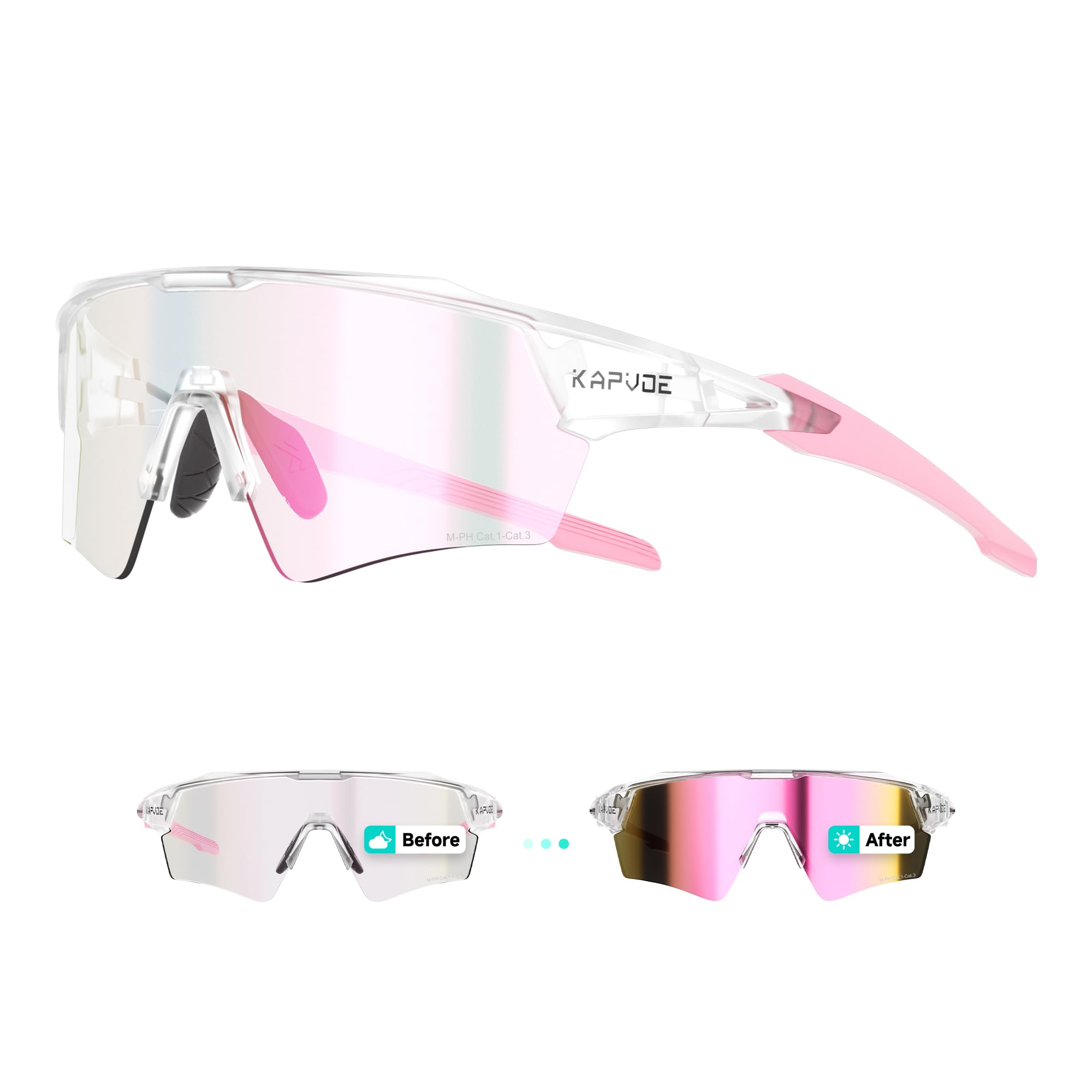 KAPVOE Occhiali da Ciclismo Fotocromatici UV400 Uomo Donna K198 | Transizione fotocromatica, UV400, design a montatura parziale, aste con anima metallica