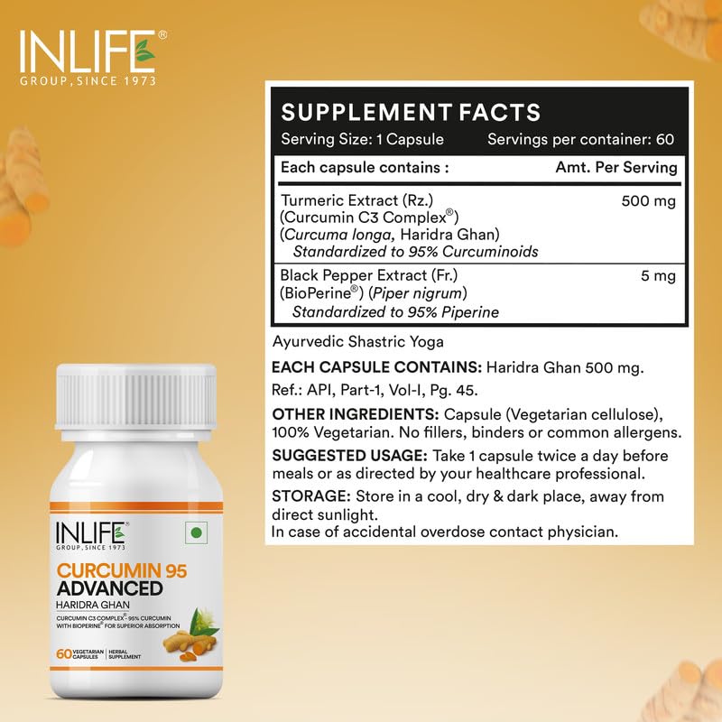 INLIFE Curcumin C3 Complex (95% Curcuminoids) 500 mg Turmeric with BioPerine (Piperine) Extract Supplement 5 mg - 60 Capsules (Pack of 2) - Image 2 thumbnail